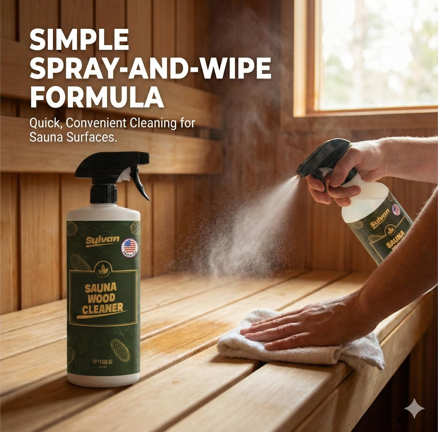 Sylvan Hills Sauna Wood Cleaner 32 oz | Made in the USA | Sauna Spray removes Stains, Sweat & Odors | Fast-Drying & Streak-Free Formula | Natural Wood Cleaner | Long Lasting | Hemlock, Pine, Cedar