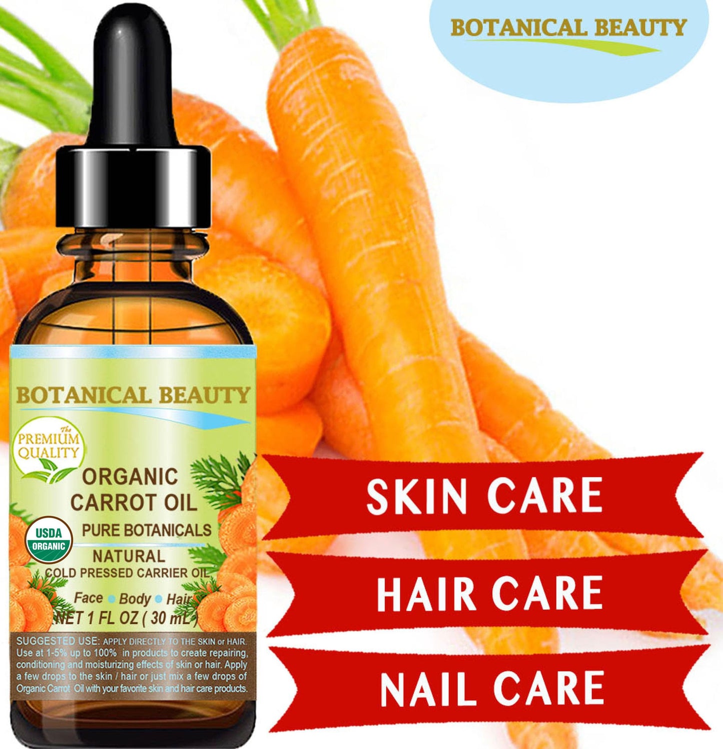 Botanical Beauty Organic CARROT SEED OIL 100% Pure VIRGIN UNREFINED Undiluted Cold Pressed Carrier Oil for Face, Skin, Body, Hair, Lip, Nails. Rich in Beta Carotene, Vitamin E (0.5 Fl Oz)