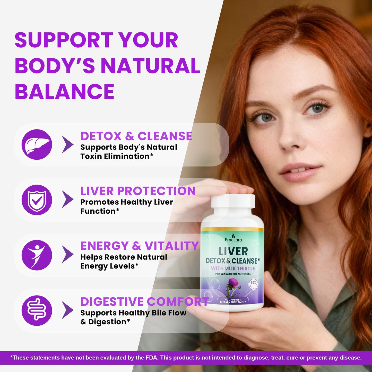 PRAELARA 32-in-1 Liver Cleanse Detox & Repair - Herbal Liver Health Support with Milk Thistle, Dandelion Root, Artichoke & Beetroot | 1250mg, Vegan, Non-GMO - 60 Capsules