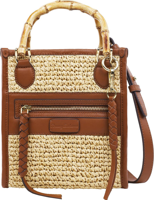 Raffia Tote Bag - Structured Summer Handbag with Bamboo Handle | Crossbody Strap, Cognac & Natural