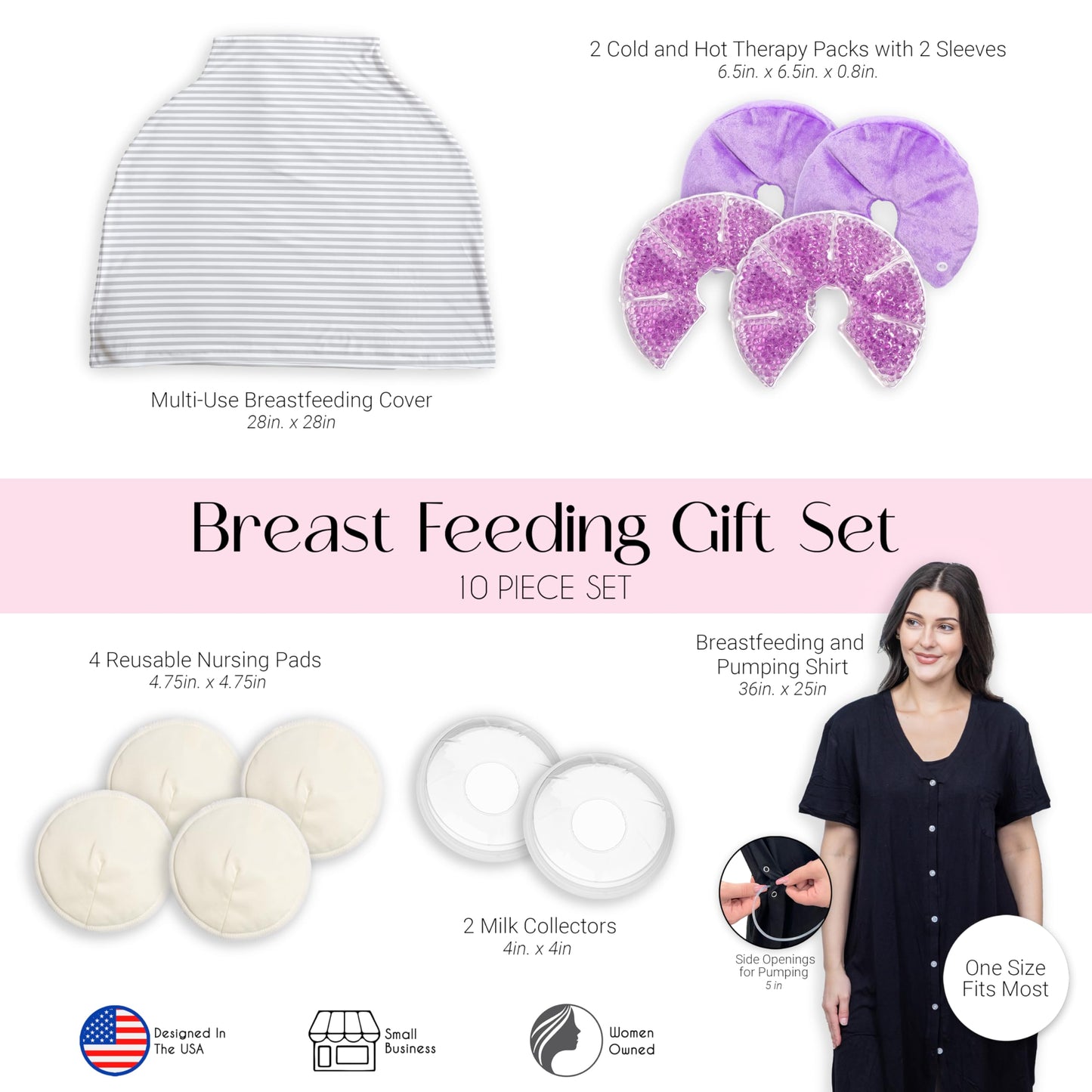 Sweet Jojo Designs Breastfeeding Postpartum Essentials 12pc Set (incl. Breast Milk Collector, Nipple Pads, Nursing Cover, Maternity Pajamas, Hot and Cold Breast Therapy Packs) Idea