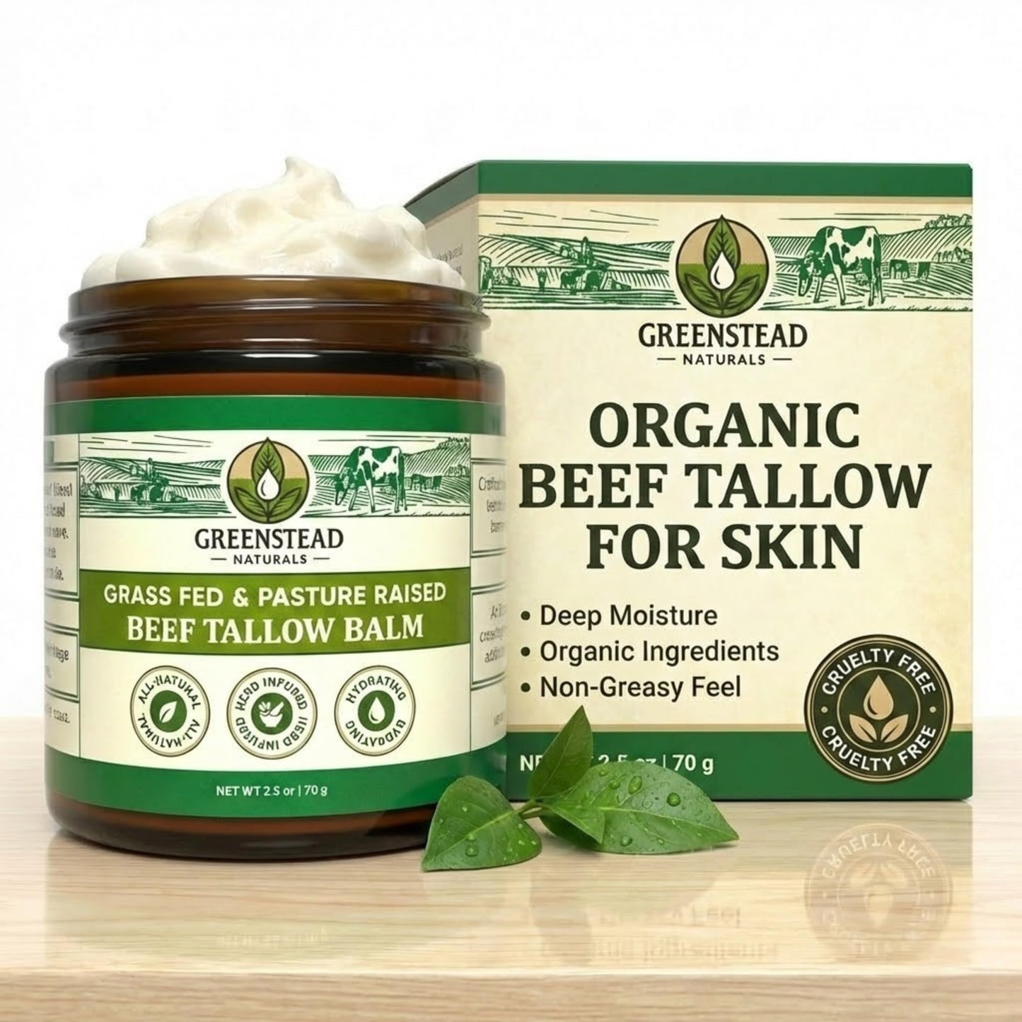 Greenstead Naturals Organic Beef Tallow for Skin – Whipped Tallow Balm for Skin Face and Body with Jojoba Oil and Cocoa Butter – No Added Fragrance, Herb-Infused – Large Size 2.5fl Oz Net Wt