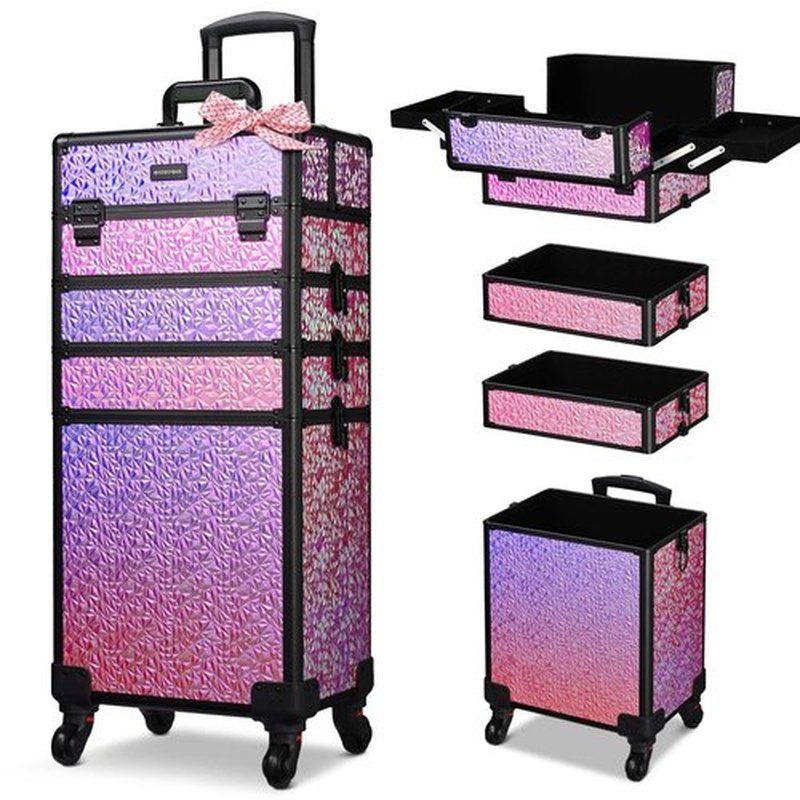 BYOOTIQUE Rolling Makeup Train Case 4in1 Cosmetic Trolley Organizer Travel Case Lockable Salon Barber Case Traveling Cart Trunk with Wheels for Makeup Artist Trave Nail, Mermaid Pink