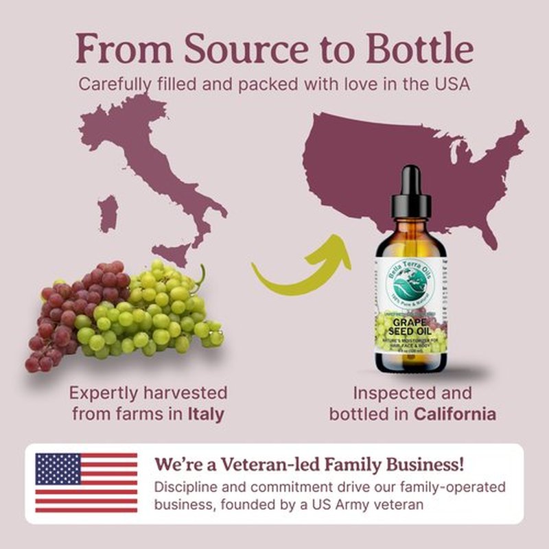 Bella Terra Oils - Organic Grape Seed Oil 2 oz - Cold-Pressed, Abundant in Vitamin E & C, Linoleic Acid, Omega-6 Fatty Acids, A Luxurious Elixir for Radiant Skin