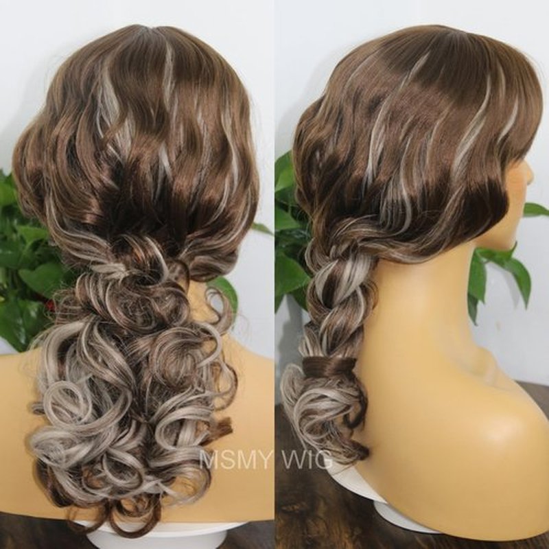 MSMYRNS Platinum Blonde Highlights Dark Brown Synthetic Wig With Bangs Glueless No Lace Fringe Unit Kinks Culry Heat Resistant Full Wig African Yaki Texture Girls Women Beauty Quick Wig