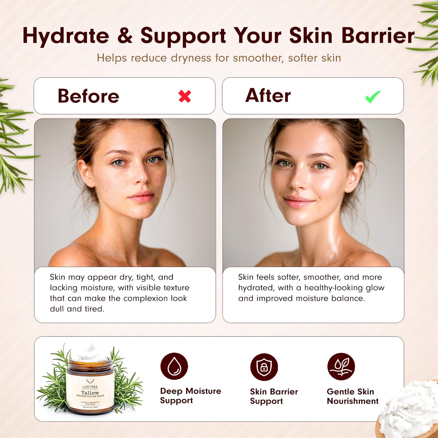 Whipped Tallow Cream for Face & Body 4oz (120g) Vanilla Lavender | | Grass Fed Beef Tallow Face Cream | Hydrating Face Cream for Sensitive Skin | Non-Greasy Skin Moisturizer | Multi-Use Body Balm