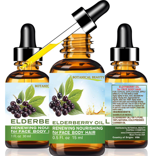 Botanical Beauty ELDERBERRY OIL Sambucus Nigra 100% Pure Natural Virgin Unrefined Cold Pressed Carrier Oil 0.5 Fl. Oz.- 15 ml for Face, Skin, Hair, Nails, Moisturizing. Rich in Vitamin E