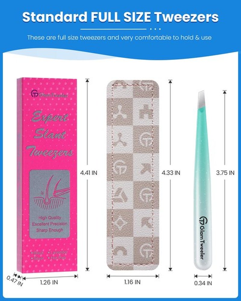 Expert Slant Tip Tweezers with Leather Case, GlamTweeler Sharp & Precision Stainless Steel Tweezer for Eyebrows, Facial Hair and Fine Hairs Removal (Sparkle Mint Green & Silver)