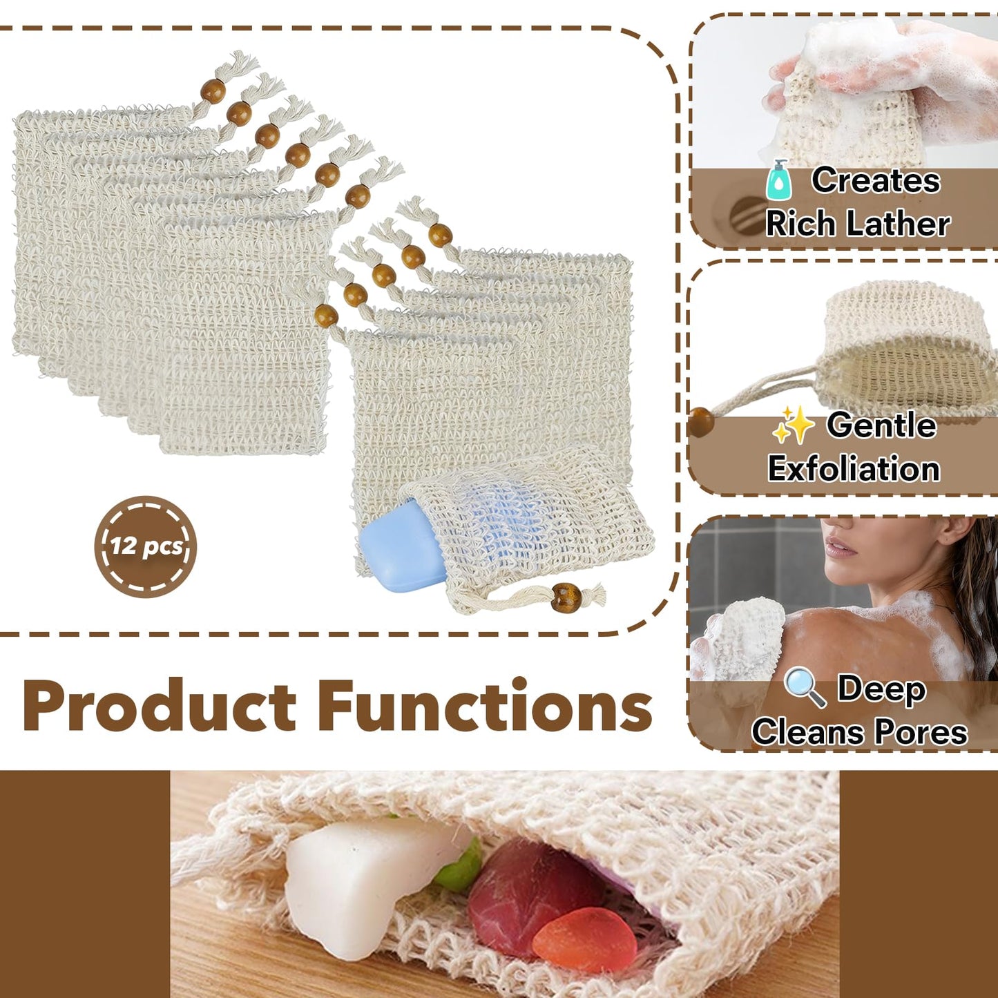 12 PCS Soap Saver Bag, Exfoliating Soap Saver Pouch, Natural Cotton Linen Mesh Soap Bag with Drawstring for Smooth Skin, for Bathing & Facial Cleansing