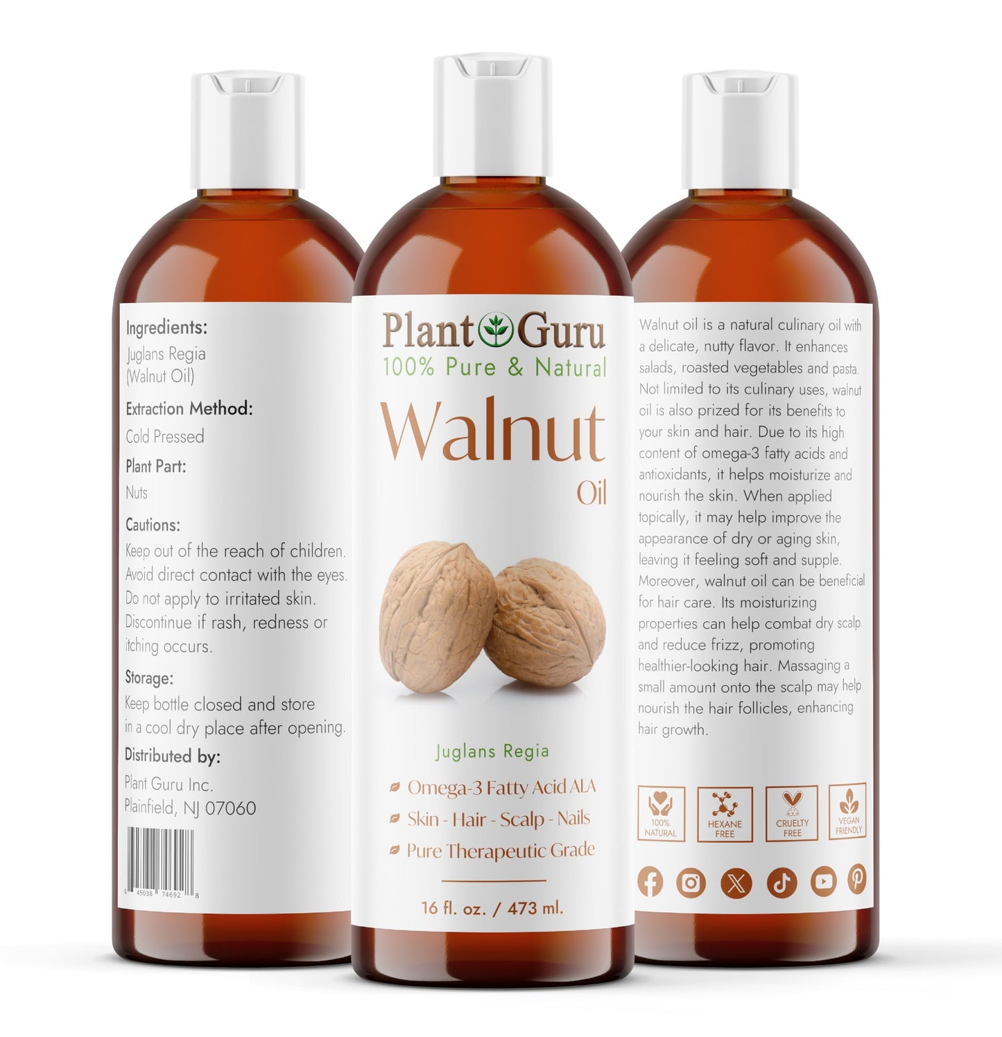 Plant Guru Walnut Oil 16 fl. oz. - Cold Pressed 100% Pure Natural - Skin, Body, Face, and Hair Growth Moisturizer. Great For Creams, Lotions, Lip balm and Soap Making.