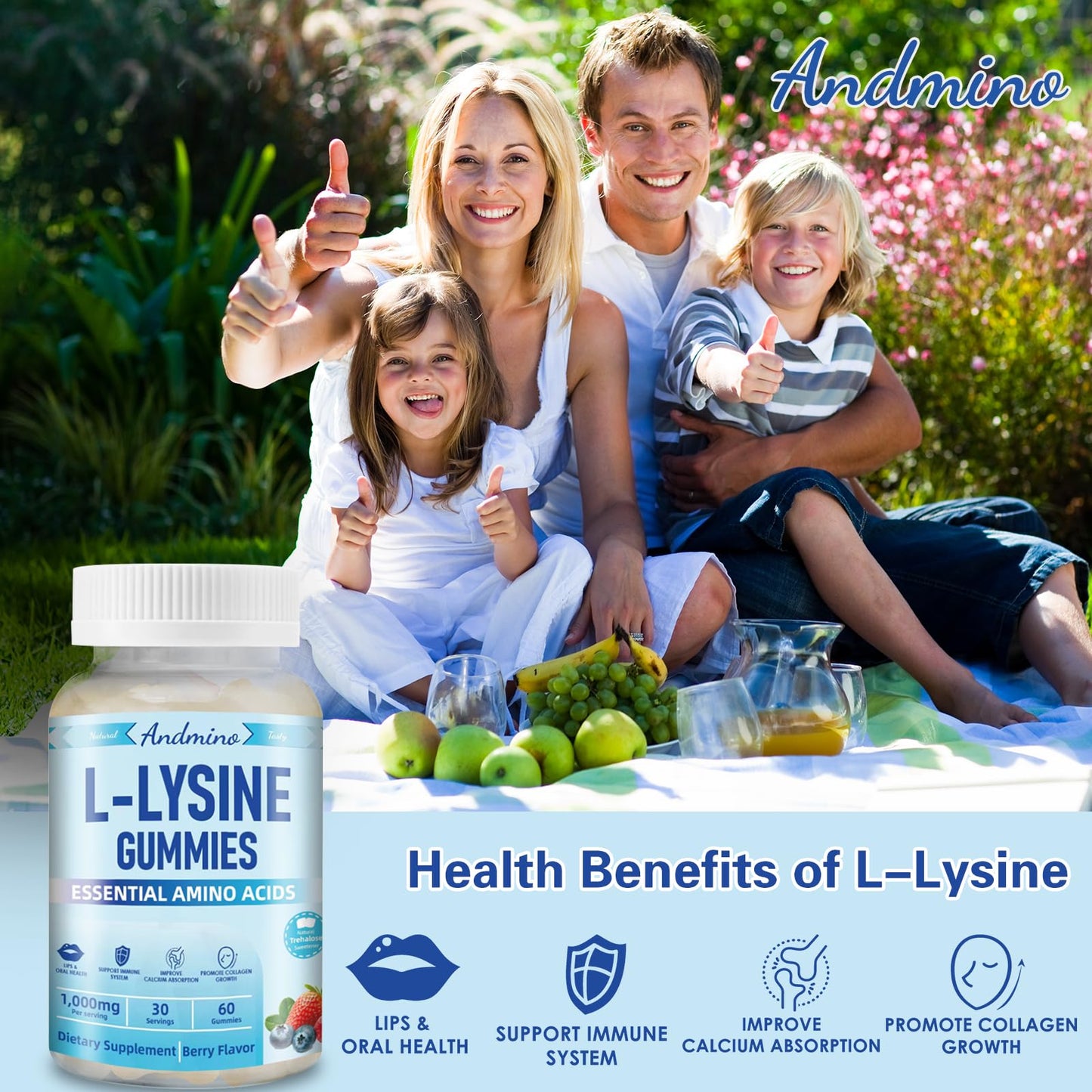 andmino L-Lysine Gummies 1000 mg, with Trehalose, L Lysine Gummies for Lips & Oral Wellness, Immune Support & Collagen & Calcium, for Adults & Kids, Non-GMO, Vegan, Gluten Free, Berry Flavor, 60