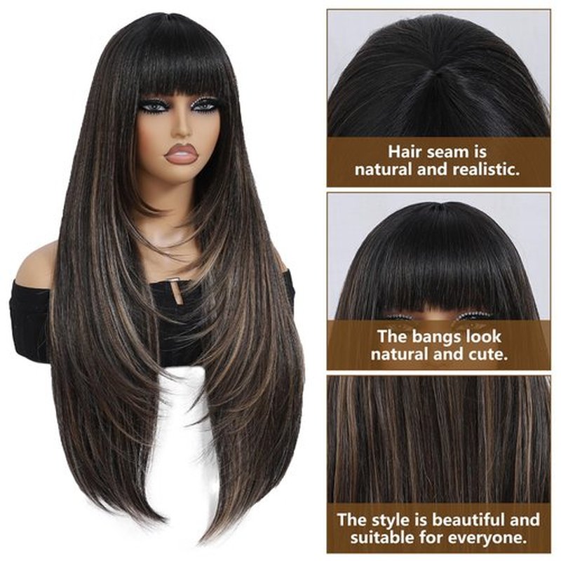 meiliprotea Highlight Brown Long Straight Layered Wig with Bangs Mixed Brown Wear and Go Glueless Wig 30 Inch Long Straight Synthetic Wig for Women Daily Use
