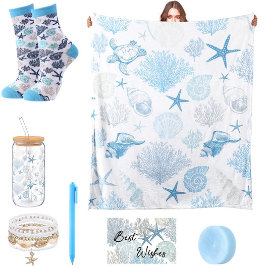 Acellegic Ocean Beach Birthday Gift Set for Women Throw Blanket 50 x 60 Inch Starfish Seashell Coral Themed Include Bracelet, Card, Pen, Soap, Glass Tumbler, Socks for Her Friend Mom Thinking of You