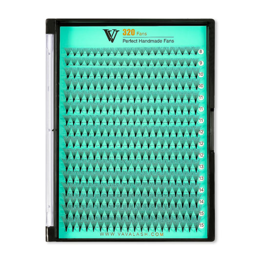 VAVALASH Premade Fans Eyelash Extensions 320 Fans 10D 14D 16D 20D 0.03 0.05 0.07 Thickness C/D Curl Middle Stem Heat Bonded Premade Fans Russian Volume Lash Extensions (320 Fans-14D-0.03-C-8-15mm)
