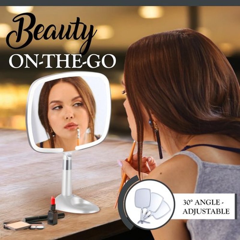 MIRRORVANA Lighted Travel Makeup Mirror - 2 in 1 Hand Mirror & Table Mirror with 3 Lighting Modes, Detachable Stand and Comfy Handle - 9" x 13" (Shiny Silver)
