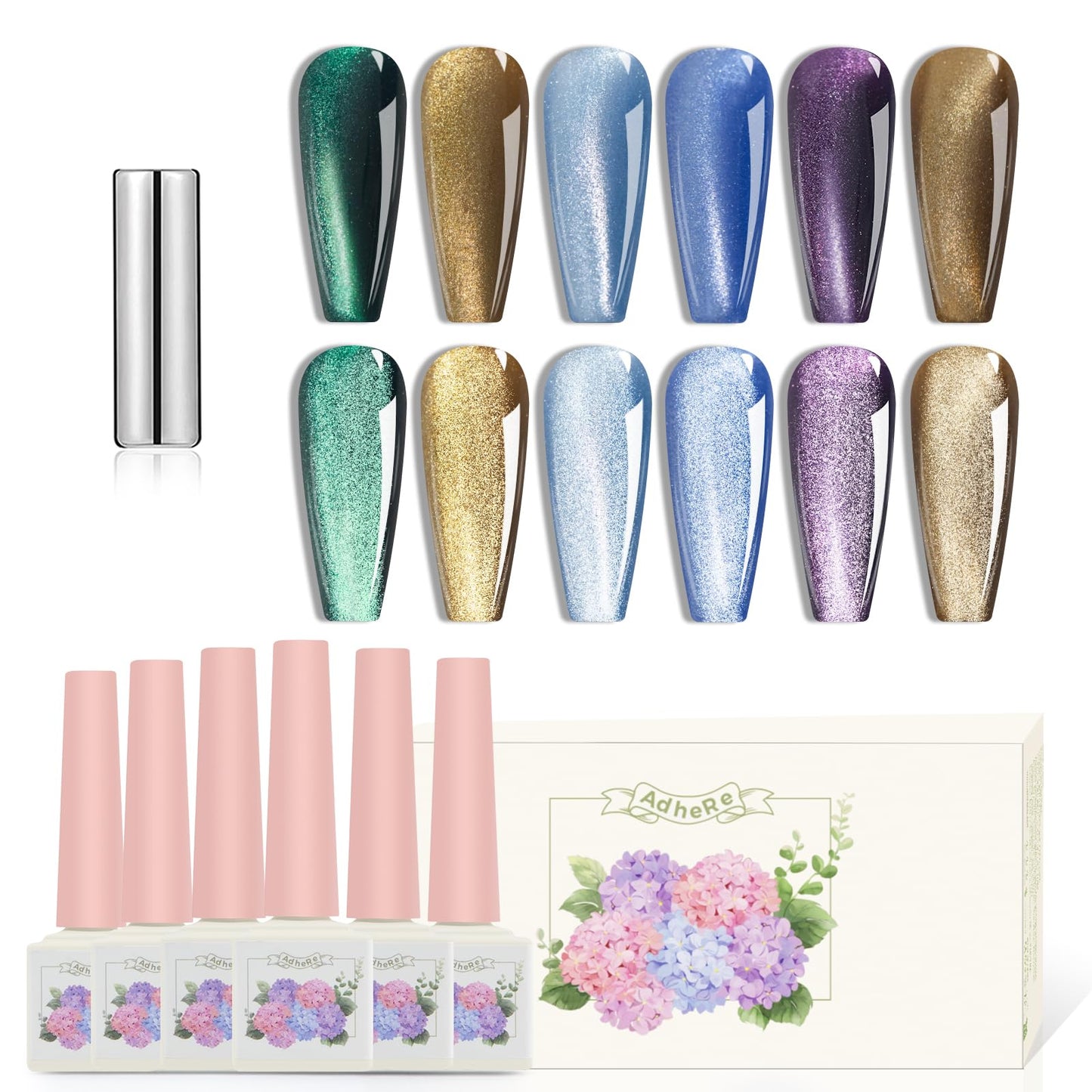 ADHERE Cat Eye Gel Nail Polish Set with Magnet for Holographic Cat Eye,12ML 6 Colors Gel Polish Soak Off UV LED Nail Lamp Nail Art Manicure Salon Valentine's Day Gift for Women ﻿