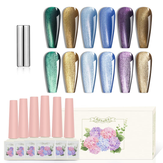 ADHERE Cat Eye Gel Nail Polish Set with Magnet for Holographic Cat Eye,12ML 6 Colors Gel Polish Soak Off UV LED Nail Lamp Nail Art Manicure Salon Valentine's Day Gift for Women ﻿