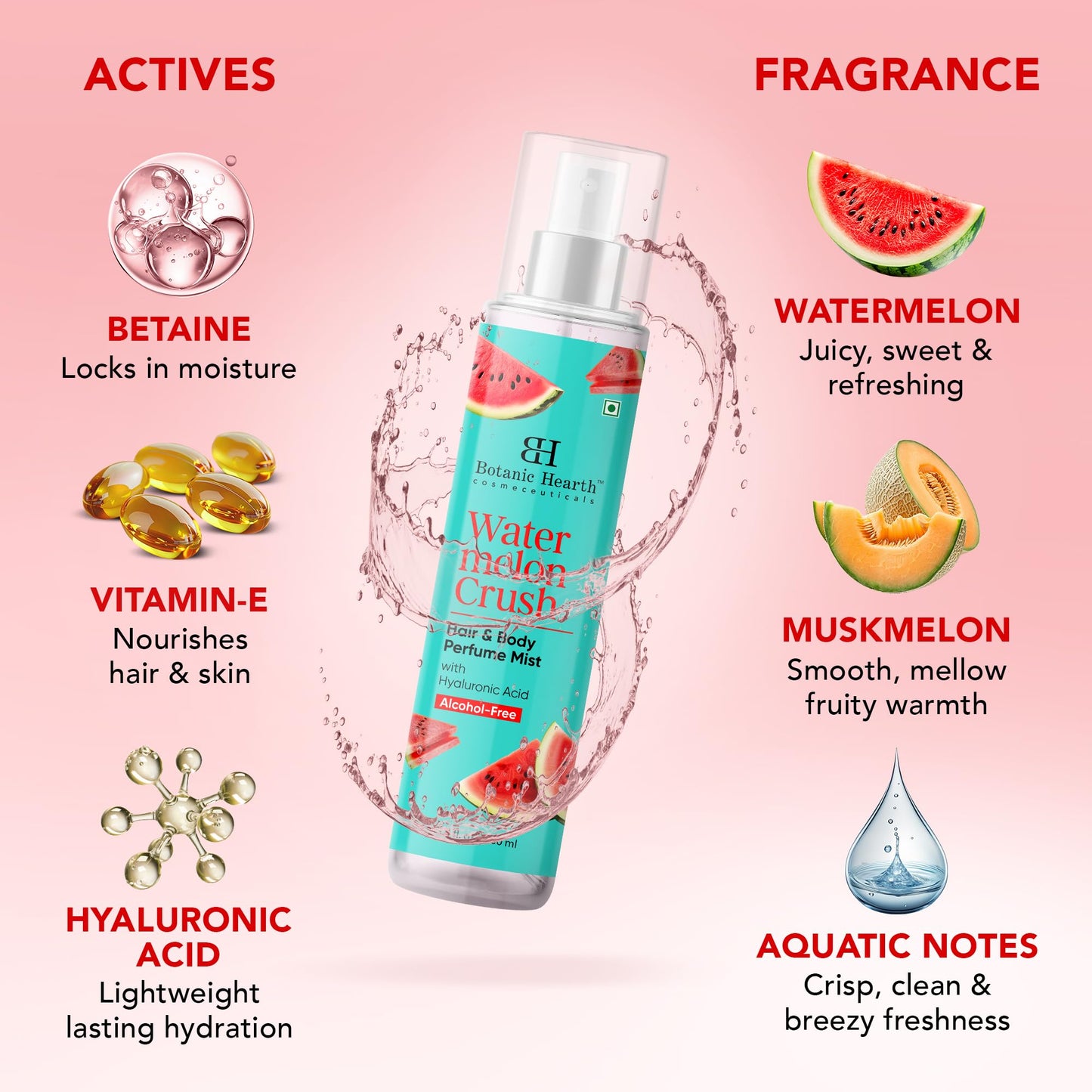 Botanic Hearth Watermelon Hair Perfume & Body Mist, Long-Lasting Hair Deodorizer & Body Scent for Women & Men, Alcohol-Free Clean Fragrance Hair Spray For Everyday Wear, All Day Freshness, 3.4 Fl Oz