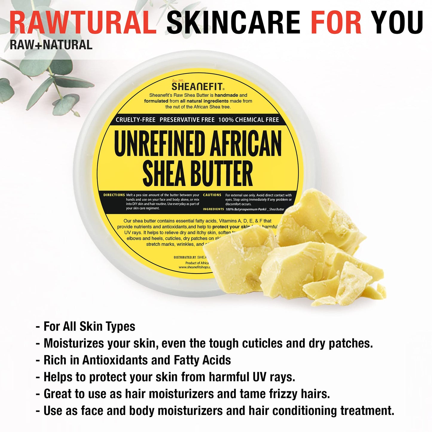 Sheanefit Raw Unrefined African Shea Butter in Containers Great Moisturizer, Hair Mask, Soften Tough Skin