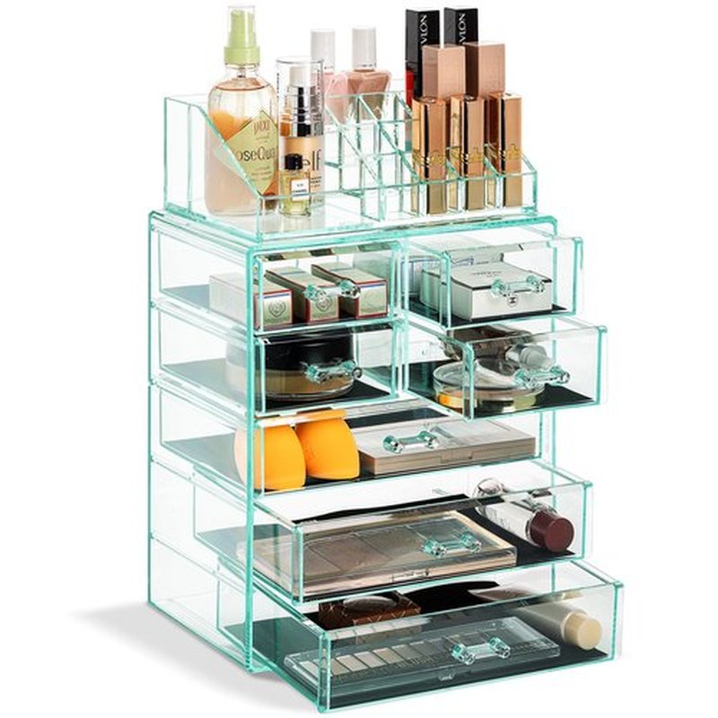 Sorbus Clear Cosmetic Makeup Organizer - Make Up & Jewelry Storage, Case & Display - Spacious Design - Great Holder for Dresser, Bathroom, Vanity & Countertop (3 Large, 4 Small Drawers) [Teal Thrill]