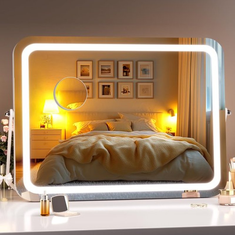Hasipu Vanity Mirror with Lights, 18" x 14" LED Makeup Mirror, 3 Modes Light, Smart Touch Control Dimmable, 360°Rotation, Rounded Rectangle White Frame, with 5X Magnifying Glass