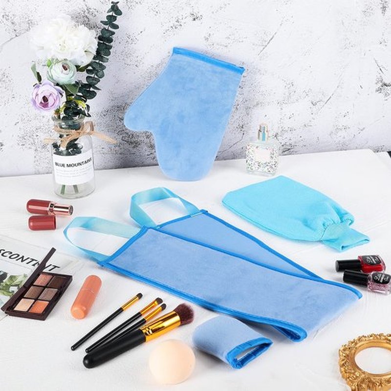 5 Pieces Self Tanning Mitt Applicator Kit, Includes Exfoliating Glove, Tanning Mitt, Mini Face Mitt, Back Lotion Applicator with Self Tanner Brush Large Flat Top Makeup Brush (Blue)