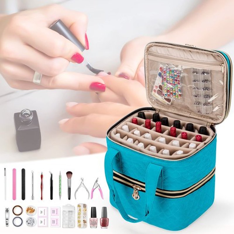 Yarwo 3 Layers Nail Polish Organizer Holds 48 Bottles (15ml/0.5 fl.oz), Detachable Nail Polish Case with Adjustable Dividers, Travel Case for Manicure Set, Teal (Bag Only, Patent Pending)
