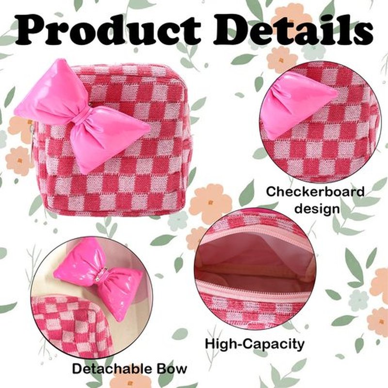 LYDZTION 2Pcs Small Makeup Bag Cosmetic Bag for Women, Checkered Makeup Bag Plaid Makeup Bag Cute Small Makeup Bag Storage Bag Travel Toiletry Bag Organizer Bow Pouch,Blue and Pink