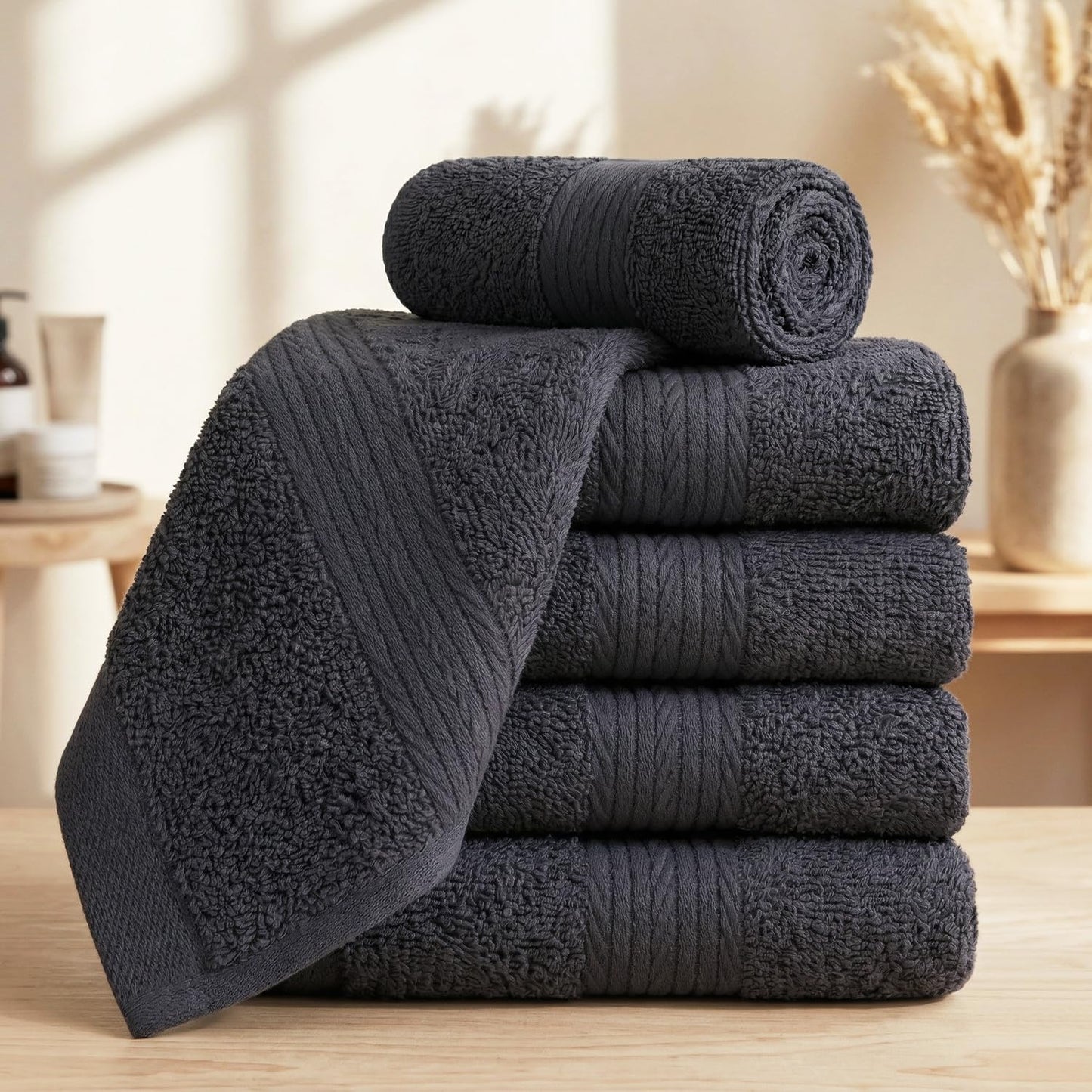 Ample Decor 100% Cotton Washcloths 12x12 Inches, 600 GSM, Soft & Absorbent, Durable, Set of 5, Gray