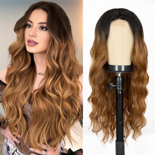 Long Ombre Brown Wig for Women 26 Inch Middle Part Wavy Women Charming Wigs Realistic Natural Looking Synthetic Heat Resistant Fiber Wig for Daily Party Use