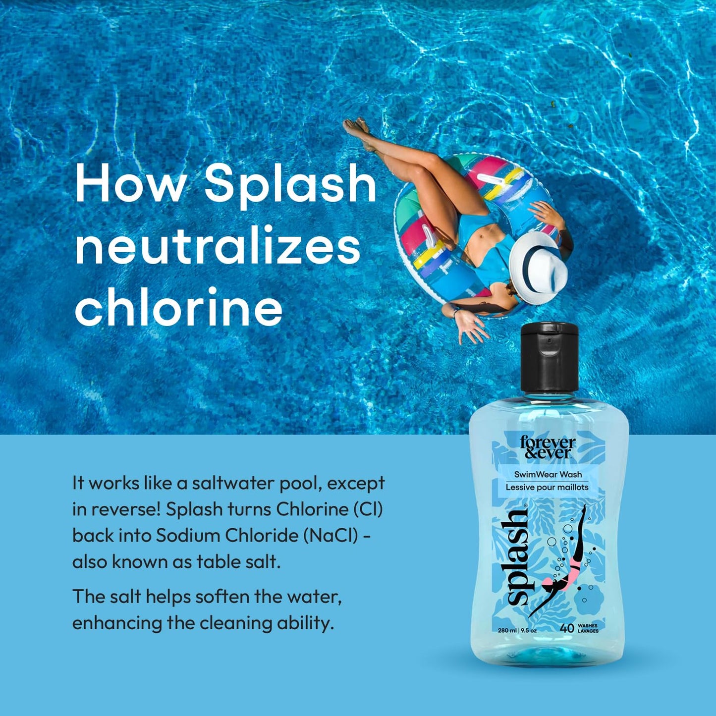 Splash Natural Laundry Detergent for Swimwear, Chlorine Neutralizer Swimsuit Wash, Hypoallergenic Liquid Laundry Detergent, Nontoxic & Color Safe Formula, High Efficiency (HE) Safe, 9.5 oz, 1-Pack
