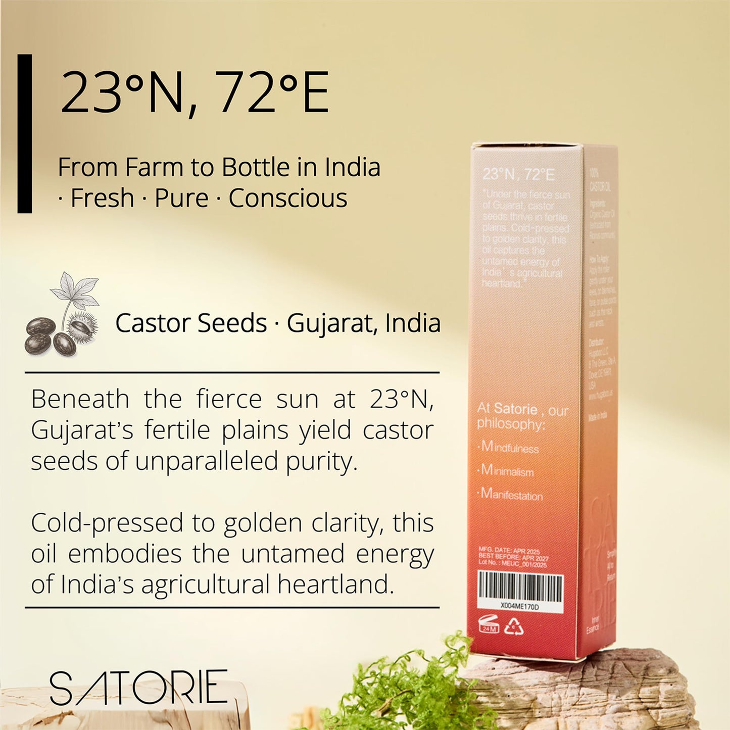Satorie Organic Castor Oil with Rose Quartz Rollerball - USDA Certified 100% Castor Oil Roll-on for Face, Under Eyes, Brows & Lashes; Deep Moisture, Soothing, Promotes Hair Growth