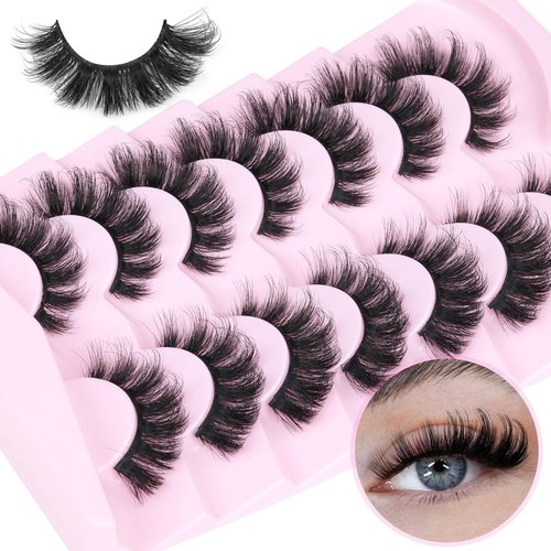 Mink Lashes Fluffy Volume False Eyelashes Wispy Strip Fake Eyelashes Cat Eye Lashes Thick 20MM Long False Lashes 7 Pairs Pack Natural Look