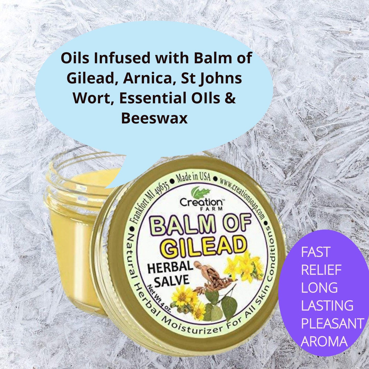 Creation Farm Balm of Gilead Salve - Soothing Sore Muscle Massage Rub Natural Herbal Plant Based Ointment, Pomada De Gilead Savilla - 4 oz Jar - Fast Acting