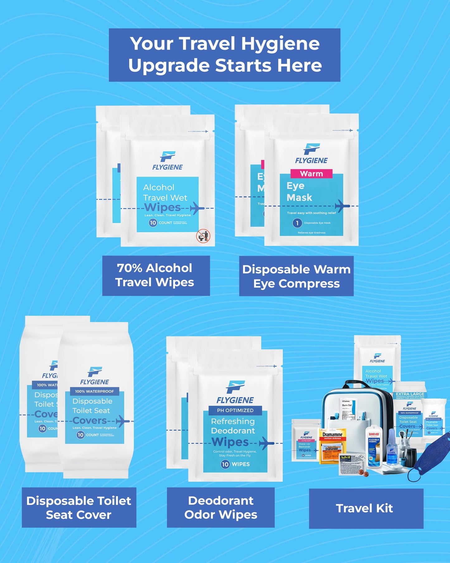 FLYGIENE Individually Wrapped Alcohol Wipes, Travel Essentials (20 Count)