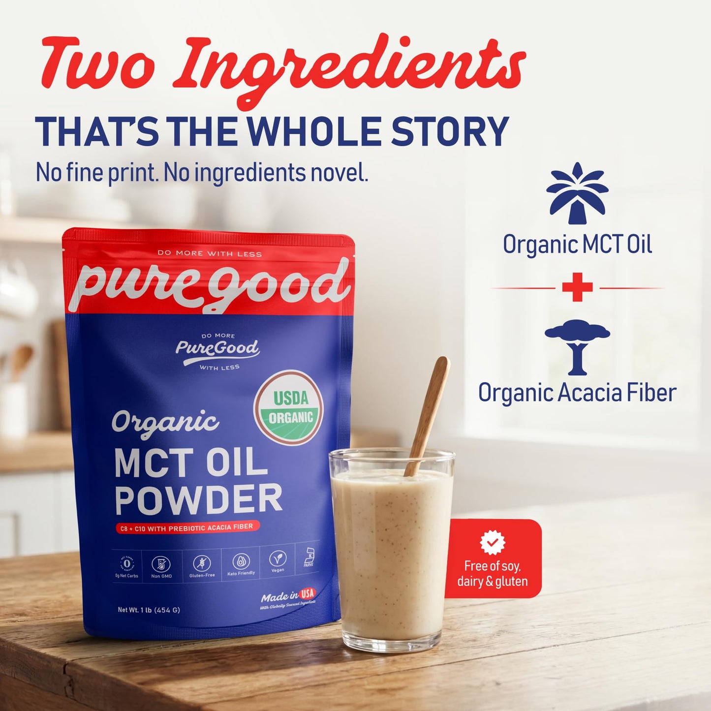 PureGood Organic MCT Oil Powder with Prebiotic Fiber, 1 Pound (16 oz) | C8 & C10 from Coconuts | MCT Oil Coffee Creamer, Unflavored | Non-GMO, Vegan, Kosher, Gluten Free