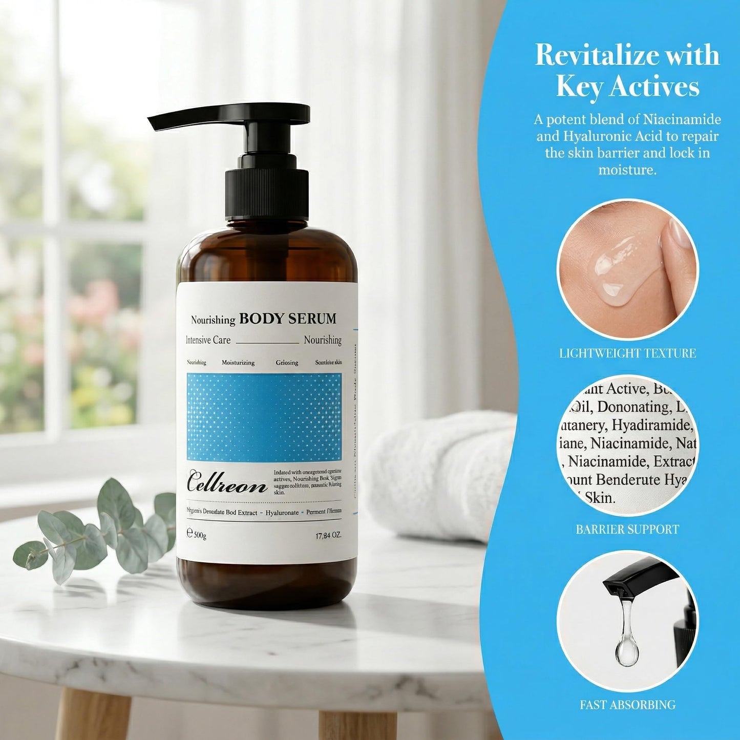 CELLREON Hydrating Body Serum with Niacinamide & Hyaluronic Acid, Deep Moisture & Radiance, Lightweight Non-Greasy, For All Skin Types 500g / 17.64 oz