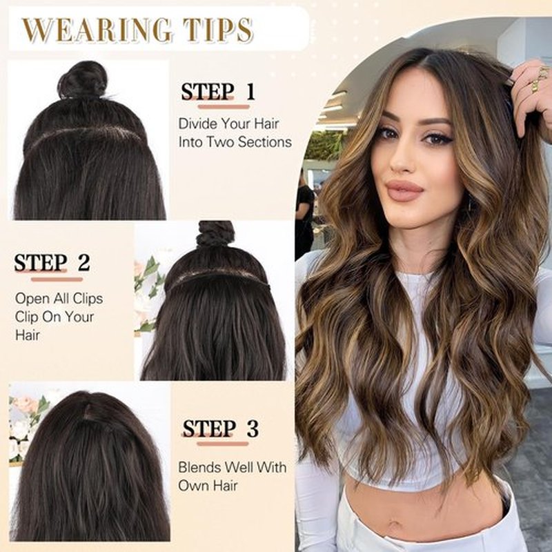 FREEMEIGE Clip in Long Wavy Synthetic Hair Extension 20 Inch Medium Brown 4PCS Thick Hairpieces Fiber Double Weft Hair for Women