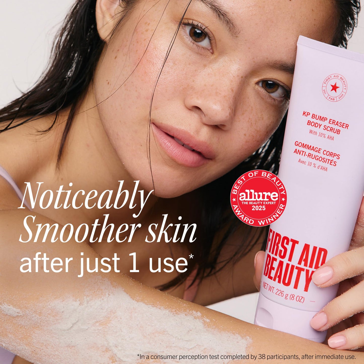 First Aid Beauty KP Bump Eraser Body Scrub with 10% AHA - Dermatologist-Tested Keratosis Pilaris Exfoliator - Support for Rough Bumps & Uneven Skin Texture - Sensitive Skin - 8 oz, Fresh Strawberry