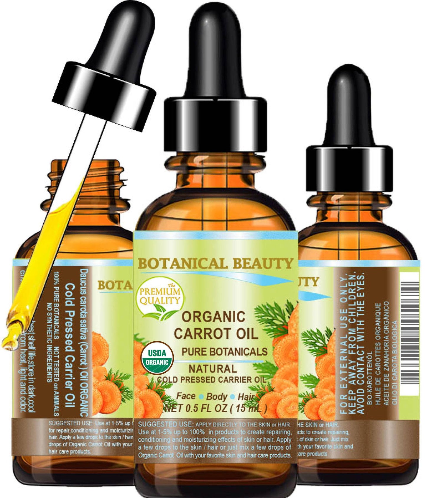 Botanical Beauty Organic CARROT SEED OIL 100% Pure VIRGIN UNREFINED Undiluted Cold Pressed Carrier Oil for Face, Skin, Body, Hair, Lip, Nails. Rich in Beta Carotene, Vitamin E (0.5 Fl Oz)