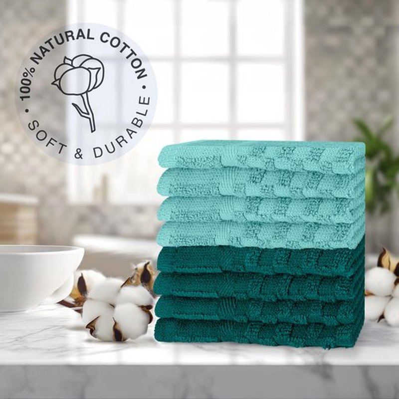 DecorRack 8 Pack 100% Cotton Wash Cloth, Luxurious Soft, 12 x 12 inch Ultra Absorbent Jacquard Towels, Machine Washable Washcloths, Teal Set (8 Pack)