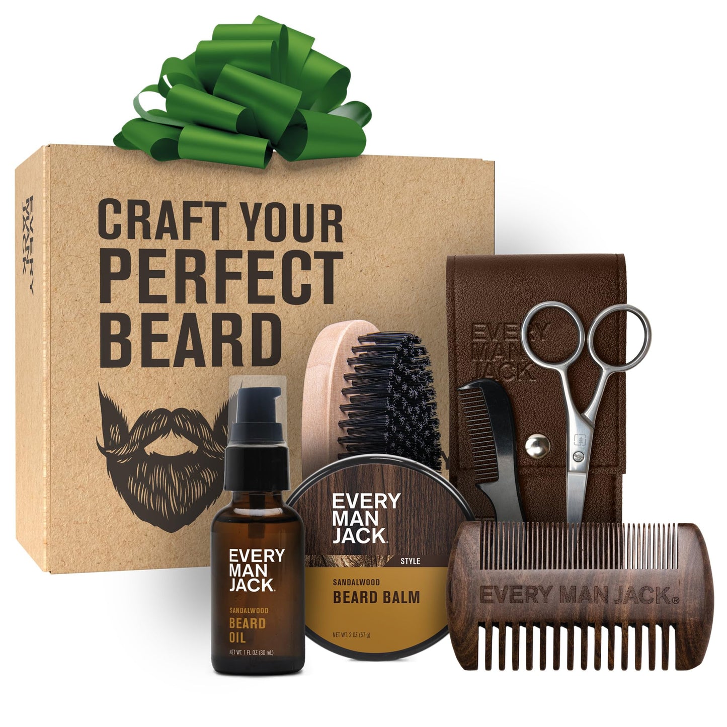 Every Man Jack Beard Care Gift Set for Men – Complete Grooming Kit with Beard Oil, Balm, Brush, Dual-Sided Comb, Trimming Scissors & Mustache Comb - Sandalwood Scent