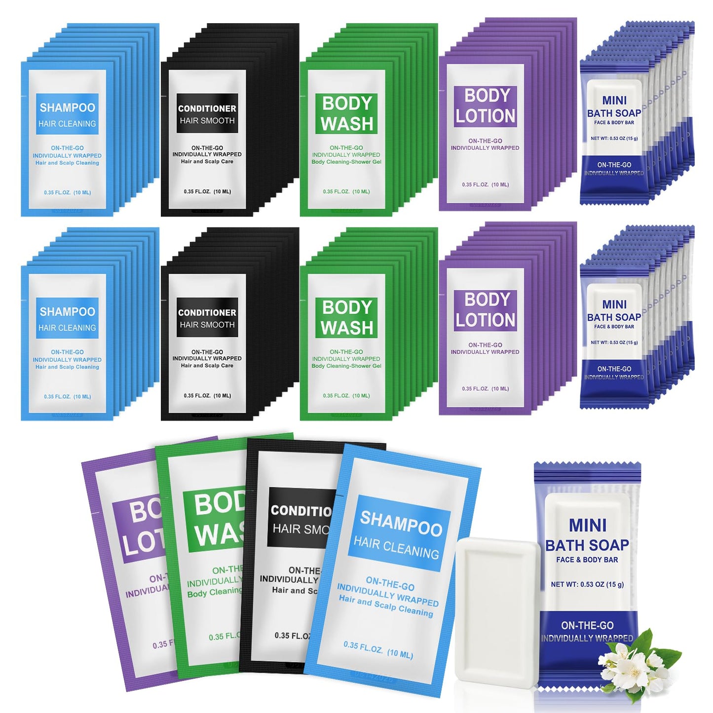 10 Pcs 5-IN-1 Hotel Soaps and Toiletries Bulk Set,5-Piece Set 0.35 oz each Packets Shampoo,Conditioner, Body Wash and Lotion,0.53 oz Soap Mini Travel Size Toiletries Supplies kit for Guests,Homeless