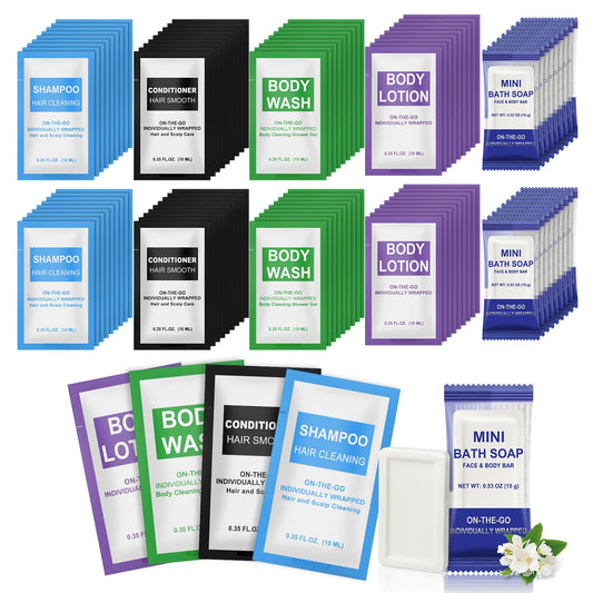 10 Pcs 5-IN-1 Hotel Soaps and Toiletries Bulk Set,5-Piece Set 0.35 oz each Packets Shampoo,Conditioner, Body Wash and Lotion,0.53 oz Soap Mini Travel Size Toiletries Supplies kit for Guests,Homeless