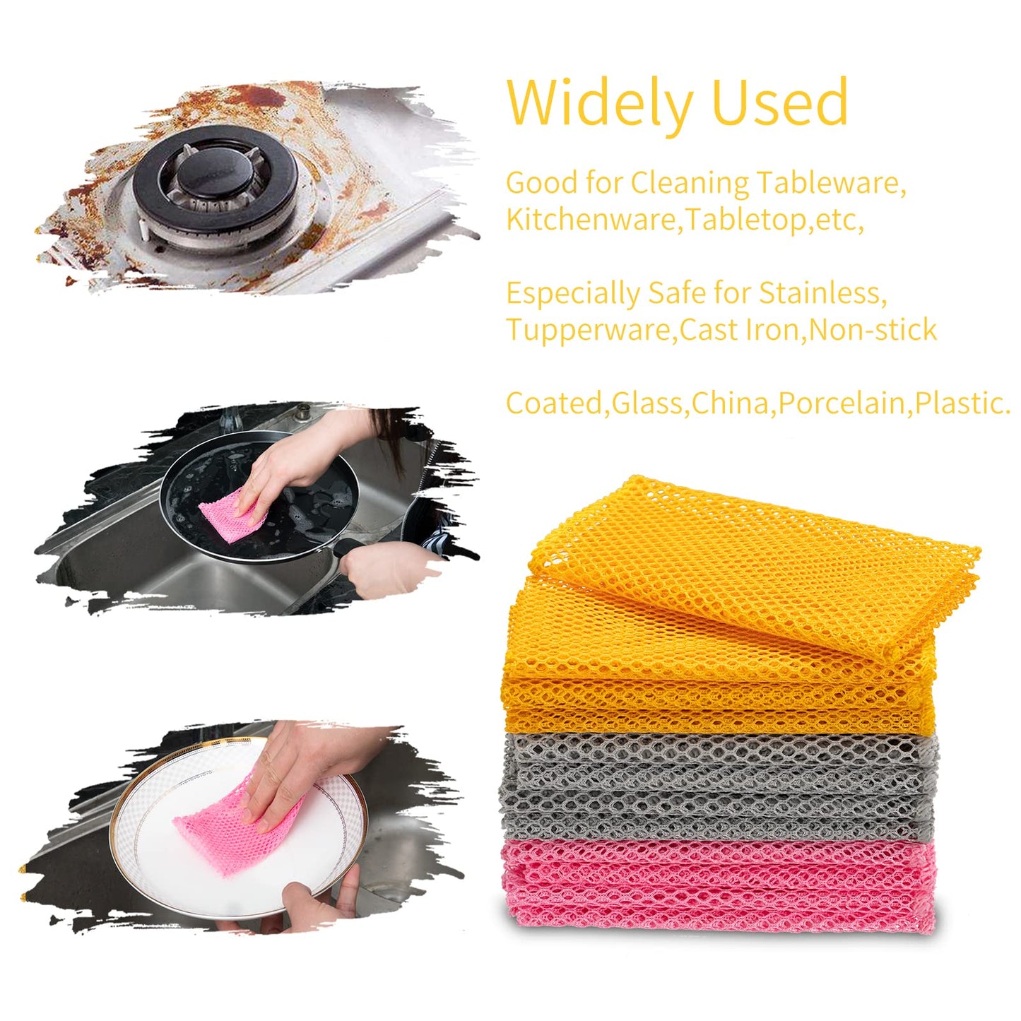 BAIKAFU 12Pcs Dish Wash Net,Innovative Mesh Cloth,Ultra Non-Scratch Dish Rags for Washing Dishes,100% No Odor/Quick Dry,Perfect Scrubber,Dish Sponges for Washing Dishes Yellow/Pink/Gray