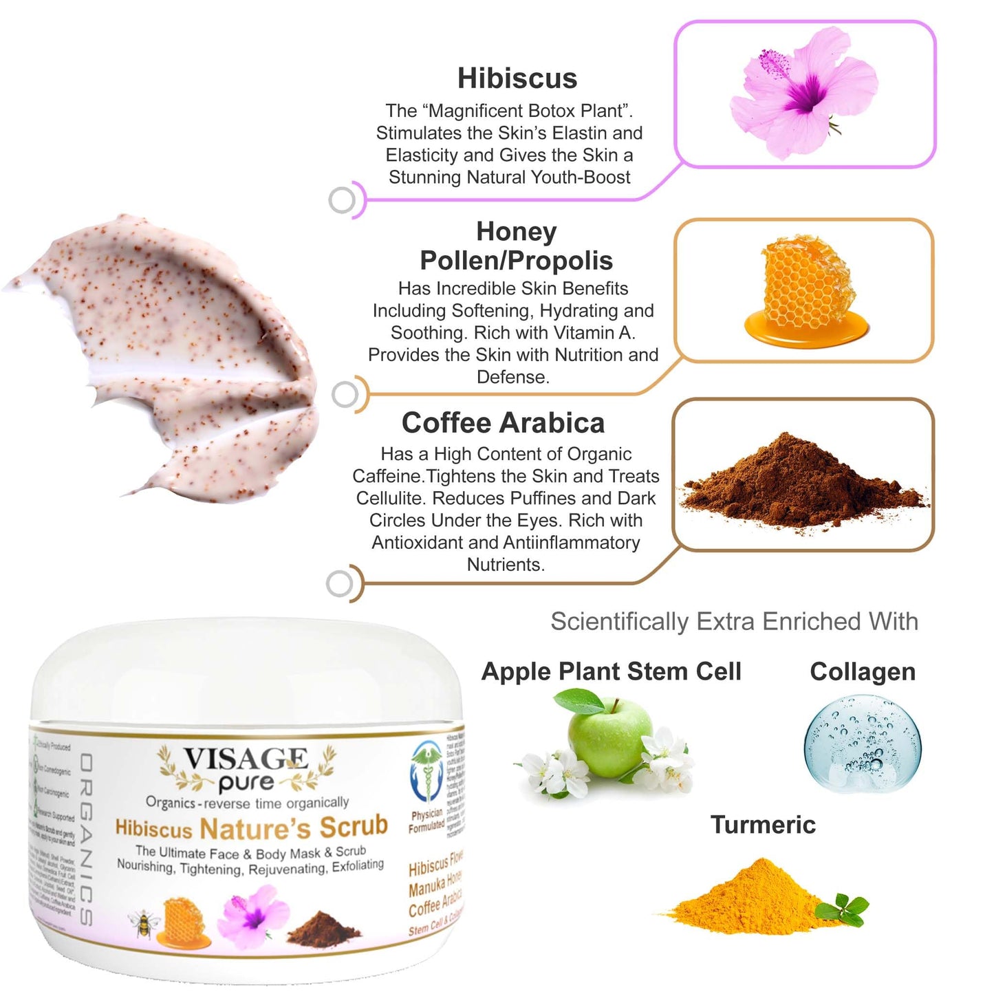 Visage Pure Hibiscus Nature's Scrub - The Ultimate Natural Face and Body Mask and Scrub. Nourishing, Tightening, Rejuvenating, and Exfoliating - Organic - Physician Formulated - Research Supported