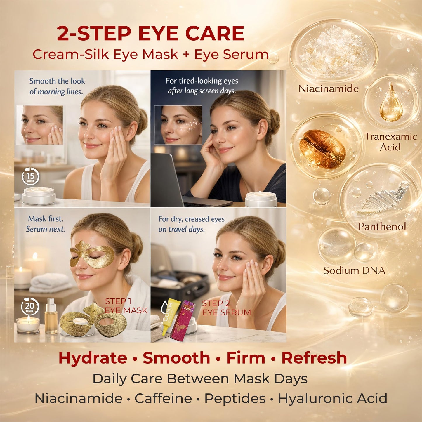 GONIM Under Eye Patches PDRN Eye Wrinkle Patches with Eye Serum, Retinol Collagen Eye Masks for Puffy Eyes and Dark Circles, Anti Aging Cream-Silk Texture Under Eye Mask, Gifts for Women 4 pcs