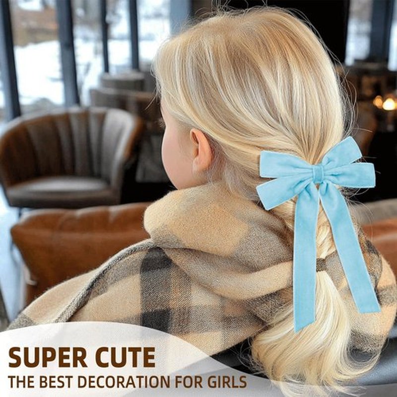 2PCS Blue Hair Bows Soft Velvet Bow Hair Clip with Long Tail Hair Accessories for Women Girls Toddlers