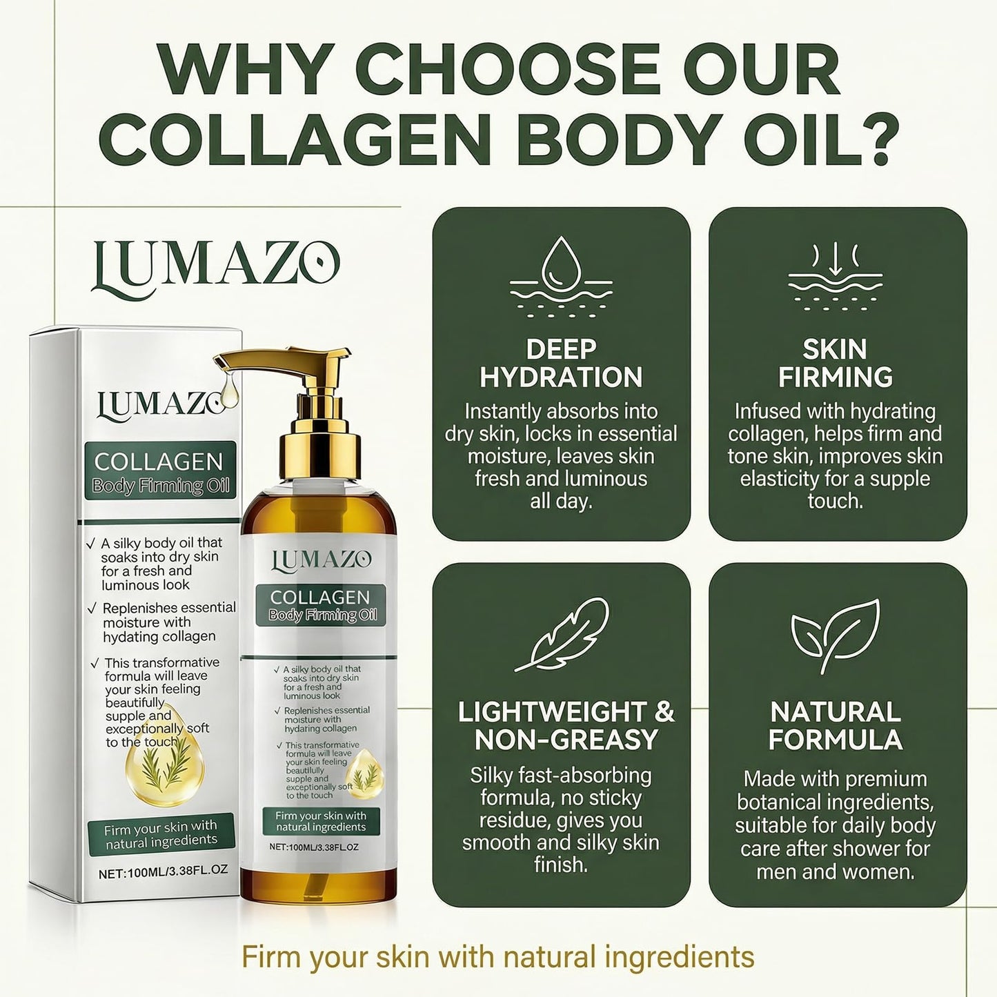 LUMAZO Collagen Oil, Collagen Oil For Body Skin Tightening, Lightweight Non-Greasy and Firms Skin With Natural Ingredients 3.38 Fl Oz (2PCS)
