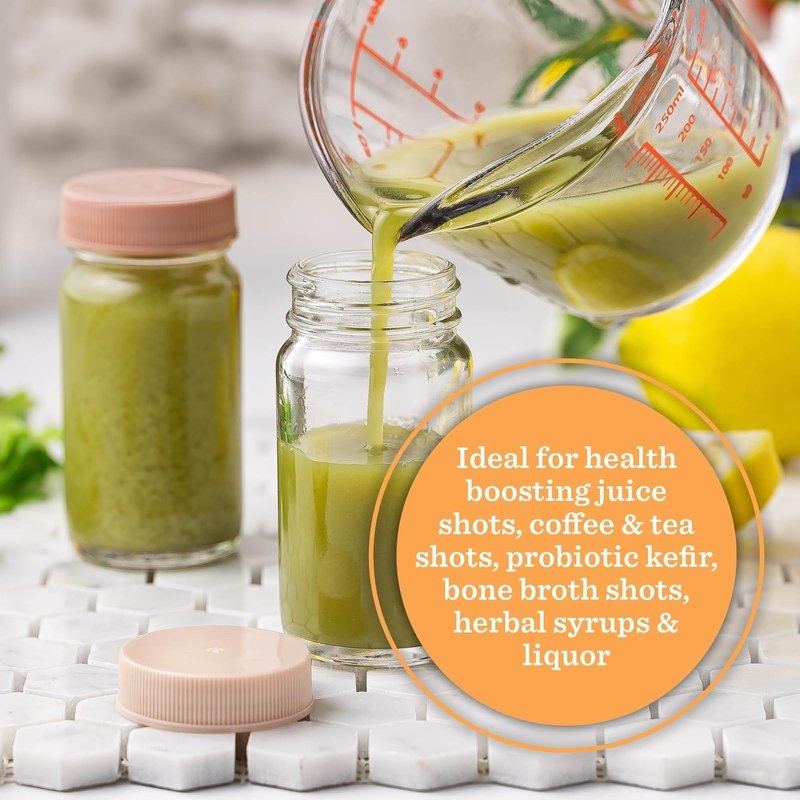 Glass Juice Shot Bottles with Caps, Clear, 2oz, Colored Lids & Silicone Grip Bands, Beverage Storage, Juicing, Turmeric & Ginger Shot Bottles